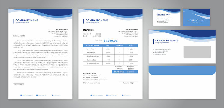 set of letter head, invoice, business card and envelope