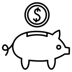 Cash storage. Safety and security of the deposit. Accumulation of money. A piggy bank and a coin with a dollar sign. Vector icon, outline, isolated.