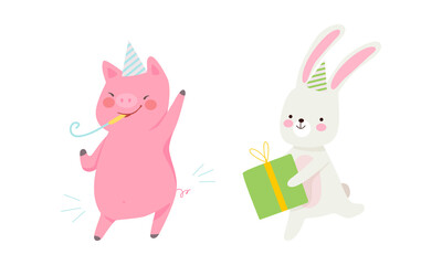 Obraz na płótnie Canvas Cute Pig and Hare Wearing Birthday Hat Holding Gift Box and Blowing Whistle Celebrating Holiday Vector Set