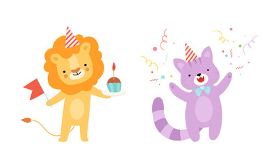 Cute Lion and Cat Wearing Birthday Hat Holding Cupcake Celebrating Holiday Vector Set