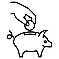 Accumulation of money, making a profit. A hand with a coin over a piggy bank. Vector icon, outline, isolated.