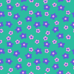 Seamless pattern with flowers. Purple and pink flower seamless on green background.
