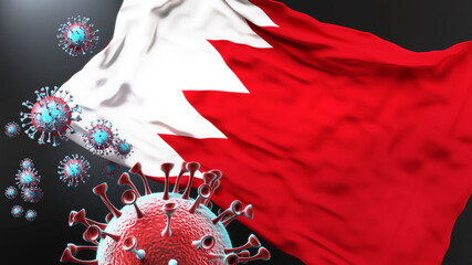Bahrain and the covid pandemic - corona virus attacking national flag of Bahrain to symbolize the fight, struggle and the virus presence in this country, 3d illustration