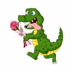 Cartoon alligator holding pink flowers