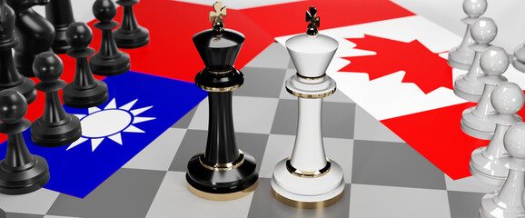 Taiwan and Canada - talks, debate, dialog or a confrontation between those two countries shown as two chess kings with flags that symbolize art of meetings and negotiations, 3d illustration