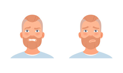Bearded Man Head with Grin and Sadness as Facial Expression Vector Set