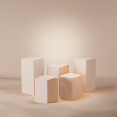 Abstract platform podium on sand dunes background. Stone pedestal premium podium . Pastel cream and beige scene.  Realistic pastel mock-up for products promotion, cosmetics presentation. 3d render
