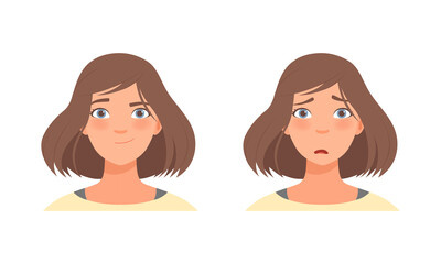 Woman Head with Short Hairstyle with Puzzled and Shy Facial Expression Vector Set