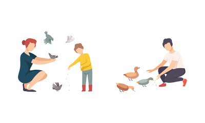 People Character Feeding Birds with Crumbs Walking in the Park Vector Set