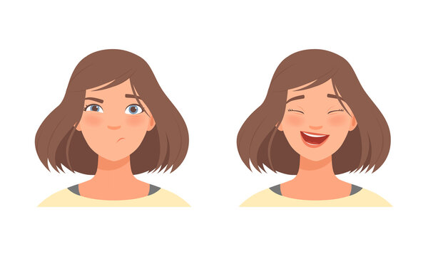 Woman Head with Short Hairstyle with Suspicious and Laughing Facial Expression Vector Set