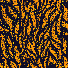 Colorful zebra skin with dots. Seamless pattern for trendy textured fabrics. Trending background in dark purple and yellow colors. Vector.