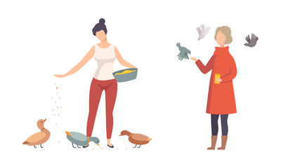 Woman Character Feeding Birds with Crumbs and Grain Walking in the Park Vector Set
