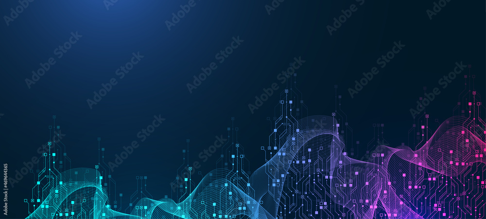 Leinwandbilder Modern technology circuit board texture background design. Waves flow. Quantum explosion technology. Quantum computer technologies concept. Futuristic blue circuit board background vector motherboard