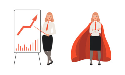 Woman Office Employee Character Wearing Suit and Red Tie in Superhero Cloak and Pointing at Growing Chart Vector Set