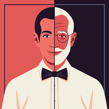 The ageing process. The faces of a young and elderly men. A grandfather and grandson. Latin American ethnicity. Vector flat Illustration
