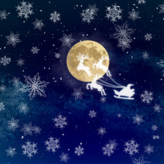 雪の結晶月の夜空サンタ_リアルタッチ_正方形