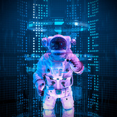 Data interface explorer astronaut - 3D illustration of space suit wearing male figure accessing virtual terminal