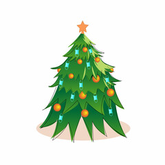 Christmas tree illustration isolated on white background. New Year's, decorated, green tree. Medical masks like toys and garland