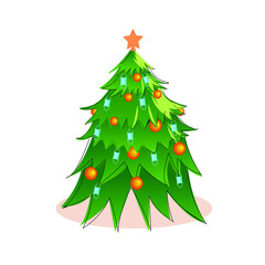 Christmas tree illustration isolated on white background in vector. New Year's, decorated, green tree. Medical masks like toys and garland.