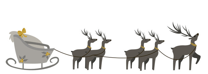 Santa reindeers sleigh with bag full of gifts. Christmas vector illustration with space for text. Ideal for printing, design, postcards, posters, invitations.