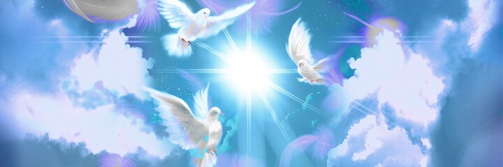 The flying three white doves around clouds leading to shining heaven and the background of beautiful pastel color&rsquo;s sky and fluffy feathers	