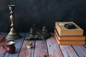Still life vintage objects on wooden rustic background