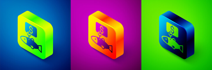 Isometric Price tag for fish icon isolated on blue, purple and green background. Square button. Vector