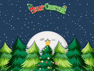 Merry Christmas logo design with christmas tree background