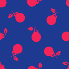Red Pear icon isolated seamless pattern on blue background. Fruit with leaf symbol.  Vector