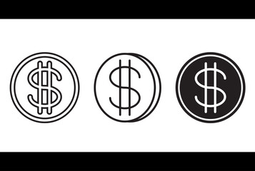 Coin icon set. Set of black and white coins isolated on white background. Dollar coin icons flat and outline.