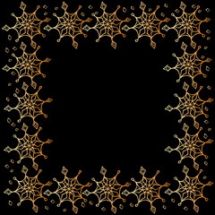 Winter vector frame of gold snowflakes. Hand drawn Holiday border, backdrop, decoration for theme of Snowfall, christmas, new year