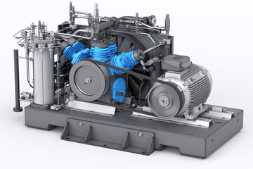 High pressure industrial compressor with electric motor, belt drive, cylinder block and pipes. 3D rendering - obrazy, fototapety, plakaty