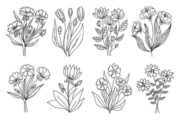 Fototapeta premium Black outline, contour flowers, line art design. Hand drawing style, doodle art, black thin line flowers isolated on white background.. Linear floral set. 