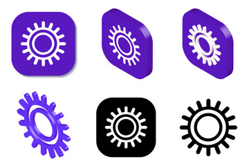 Gear icon set. Gear symbol set flat and isometric, 3D rendering in black and white, blue colors. Mechanic engine icons illustrations.