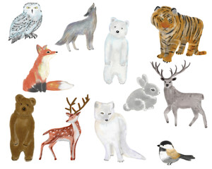 Forest animals and birds. Owl, wolf, bear, tiger, fox, hare, deer, roe deer, arctic fox, bird. Congratulatory illustration. Design for a holiday. Illustration for postcards