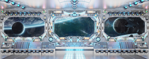 White spaceship interior with glowing blue and red lights. Futuristic spacecraft with large window view on planets in space. 3D rendering © sdecoret