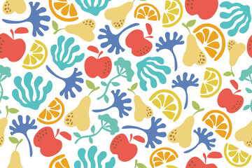 Fruits and branches seamless pattern. Lemons, oranges, apples, pears and colorful branches repeating pattern.