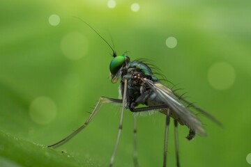 Fototapeta premium A fly perched on a green leaf and the green background with the circle bokeh. Macro photography techniques.
