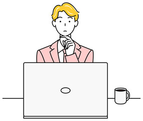 パソコンの前に座り策を考えているスーツ姿の可愛い男性 イラスト ベクター