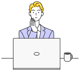 パソコンの前に座り策を考えているスーツ姿の可愛い男性 イラスト ベクター