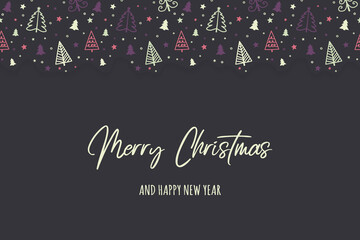 Xmas greeting card with hand drawn trees Christmas design. Vector