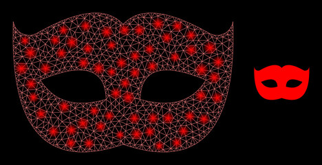 Glossy polygonal mesh web private mask icon with glow effect on a black background. Constellation private mask iconic vector with shiny points in stardust colors.