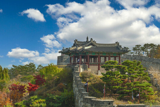 North-East Pavilion and guntower, was completed on October 19, 1794. It performs two important functions as a command post and pavilion of Suwon Hwaseong Fortress , Kyeonggide, Korea	
