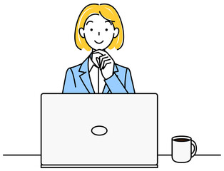 パソコンの前に座り前向きに考えているスーツ姿の可愛い女性 イラスト ベクター