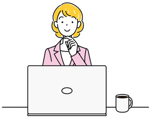 パソコンの前に座り前向きに考えているスーツ姿の可愛い女性 イラスト ベクター