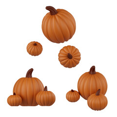 Three pumpkins. Halloween's pumpkins. Render 3d pumpkins. Isolated pumpkins, 3 poses. 