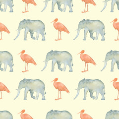 Colorful seamless pattern with elephant and heron. Backgrounds and wallpapers for invitations, cards, fabrics, packaging, textiles, posters. Watercolor illustration.
