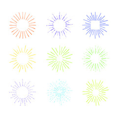 Vector Colored Circle Retro Style Fireworks Isolated on White Background, Hand Drawn Colorful Illustrations.