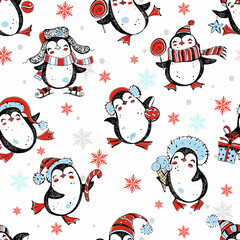Seamless New Year and Christmas pattern with cute penguins and snowflakes. Vector
