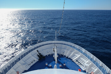 White luxury cruiseship cruise ship liner Silver Shadow on blue sea with panoramic seascape ocean...